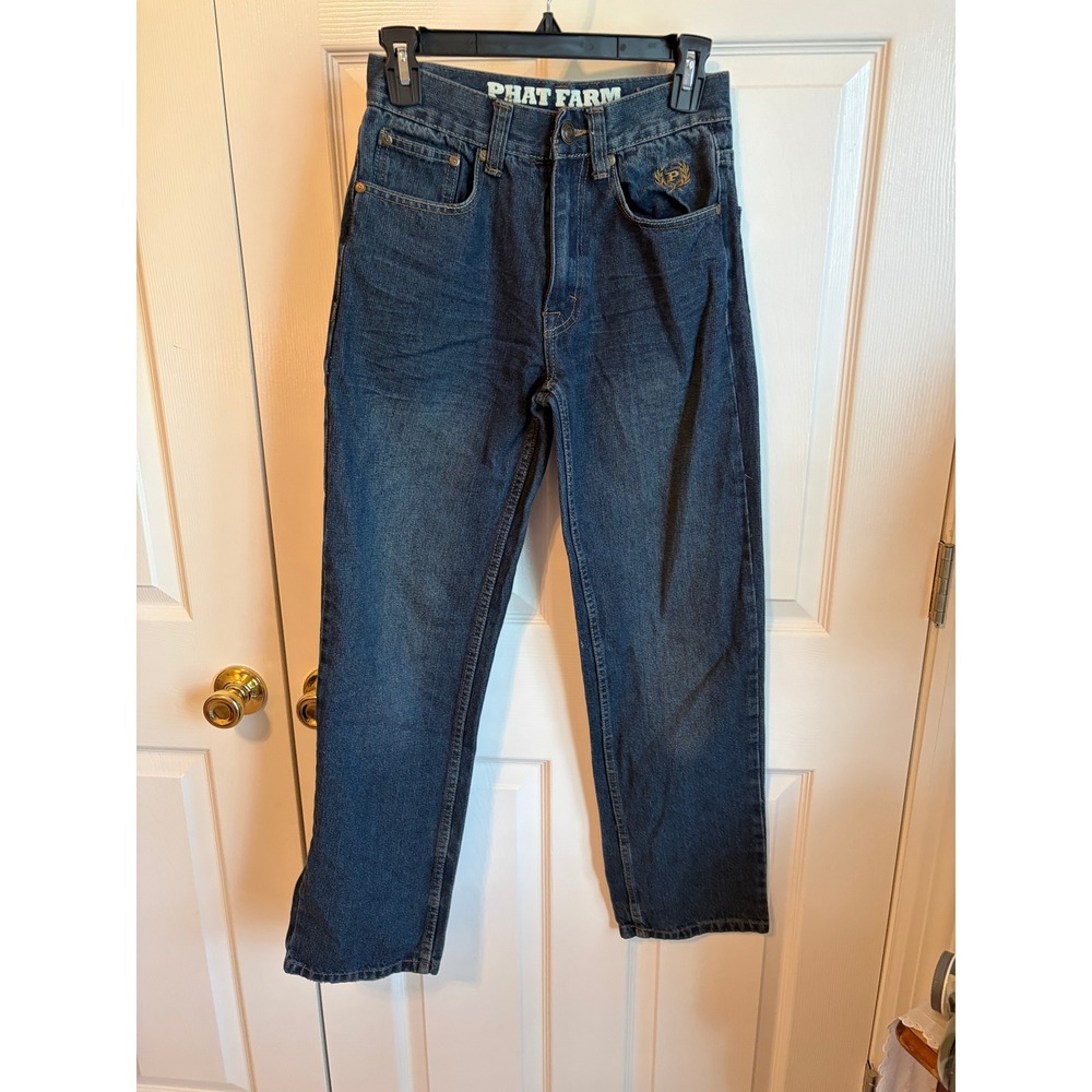 Phat Farm Mens Straight Fit Jeans Dark Wash Embroidered 28x32 NC26858 Blue Denim